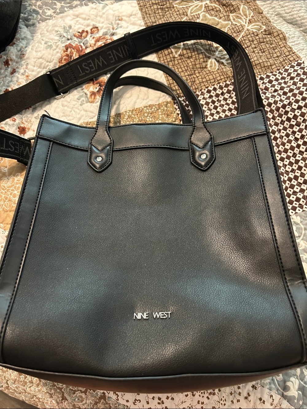 Nine West Black Faux Leather Messenger Tote with Logo Strap